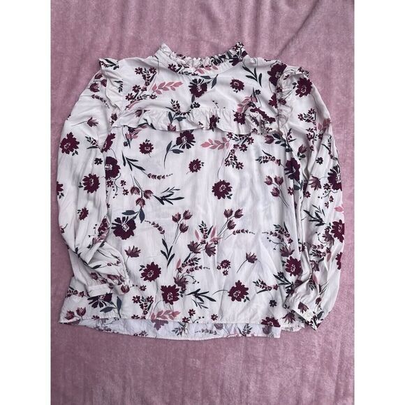 Loft Outlet Floral Ruffle Mock Neck Blouse Size XL Long Sleeves - Picture 11 of 12